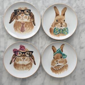 Pier 1 Bunny Face Easter Plate 4pc 8" Decorative Salad Ceramic Collect RARE